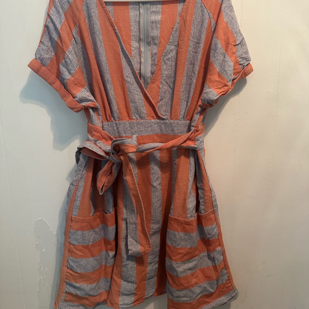 Orange and Gray Wrap Midi Dress with Dolman Sleeves
